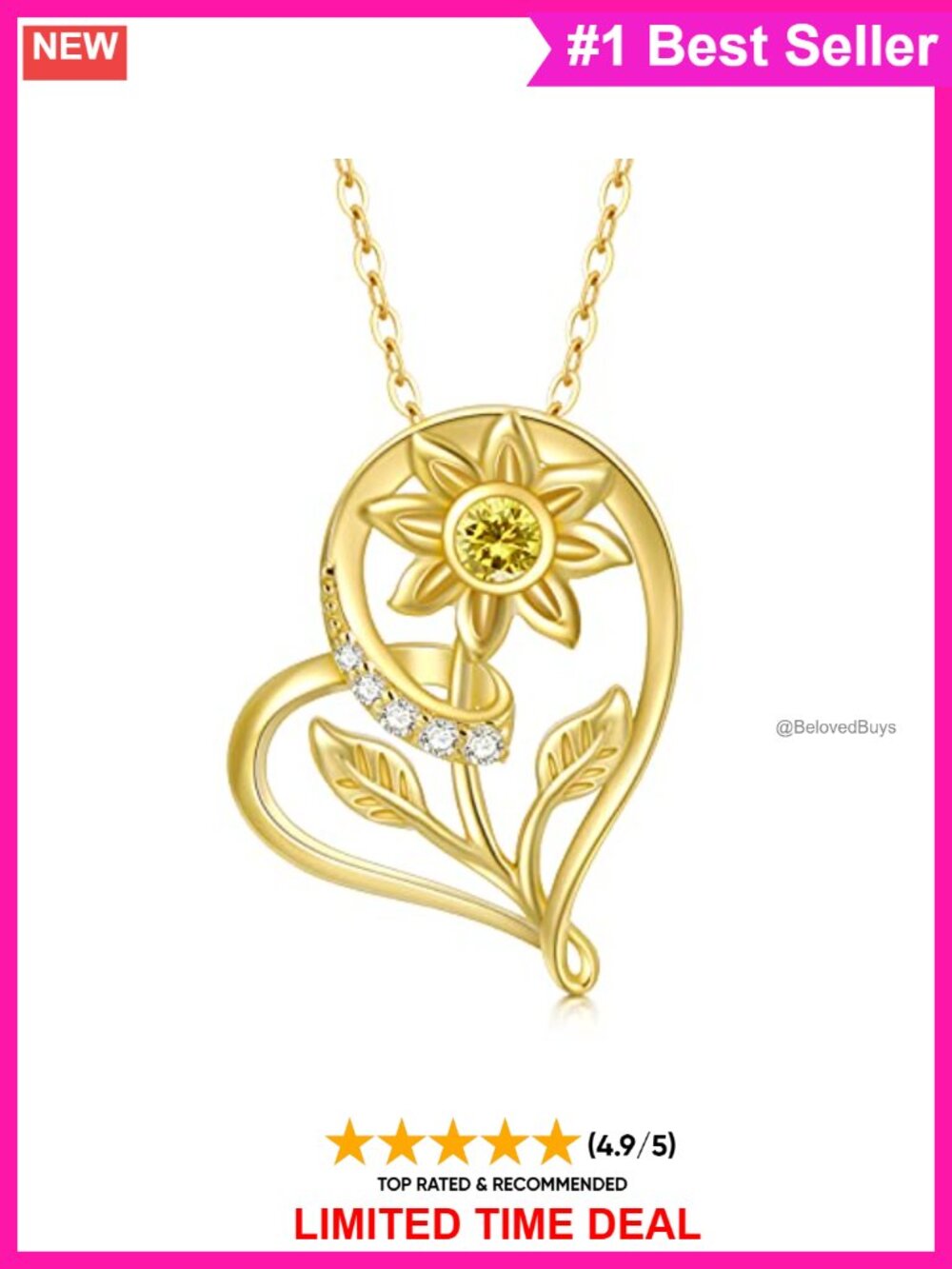 14k Gold Sunflower Heart Pendant Necklace Fine Jewelry Gift for Women